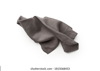 Flat lay with gray linen kitchen napkin isolated on white background. Folded cloth for mockup