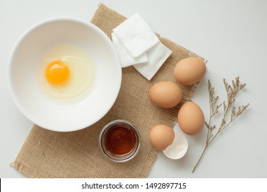 Flat Lay Honey, Egg White And Cotton Pad, Facial Mask For Acne Skin.