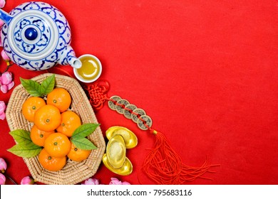 Flat lay image of accessories Chinese new year and Lunar new year festival concept background