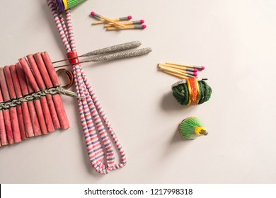 Flat Lay Image Of Diwali Festival Fireworks Or Firecrackers On Isolated Background.