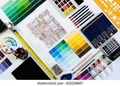 Flat Lay Of Interior Designer And Architect Working Space. Flatlay View, Grid With Alternate Angle