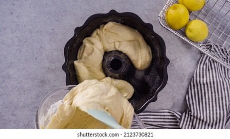 Flat Lay. Lemon Pound Cake Batter In A Baking Bundt Pan Ready To Be Baked.