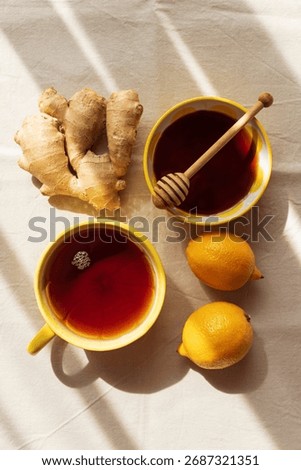 Flat Lay with Lemon Tea, Ginger and Honey on Light Table under Sun Light