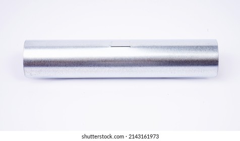 flat lay metal pipe isolated on white.Stainless steel tube pipe isolated background.Straight Ecological stainless steel straw on a white background.Close-up with details.macro shoot,front view    - Shutterstock ID 2143161973