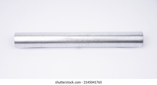 flat lay metal pipe isolated on white.Stainless steel tube pipe isolated background.Straight Ecological stainless steel straw on a white background.Close-up with details.macro shoot,front view       - Shutterstock ID 2145041765