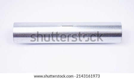 flat lay metal pipe isolated on white.Stainless steel tube pipe isolated background.Straight Ecological stainless steel straw on a white background.Close-up with details.macro shoot,front view   