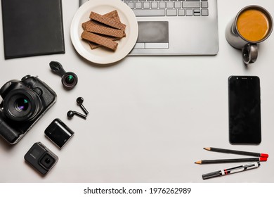 flat lay, in the middle empty with coffee and gadgets, to be productive, landscape