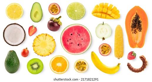 Flat lay Mixed of different fruits isolated on white background. Banner for design. - Shutterstock ID 2171821291