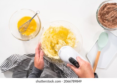 Flat Lay. Mixing Ingredients In A Glass Mixing Bowl To Bake Chocolate Cookies.