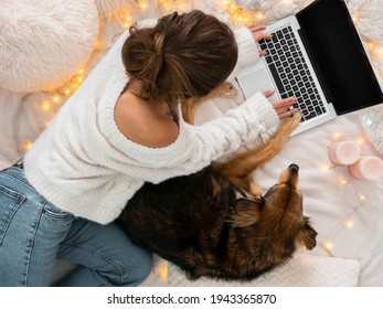 Flat Lay Mockup Girl With Dog Working On A Laptop In A Fancy Bed