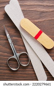 Flat Lay Mockup With Manicure Tools, Scissors, Nail File, Cotton Pad On The Worker Table. Health And Body Care Backgrounds. Vertical Backdrop