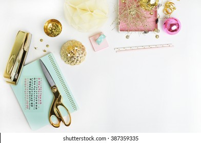 Flat Lay. Mock-up Product View Table Gold Accessories. Stationery Supplies. Glamour Style. Gold Stapler. Polka Gold. Header Website Or Hero Website. Workspace. Home Office