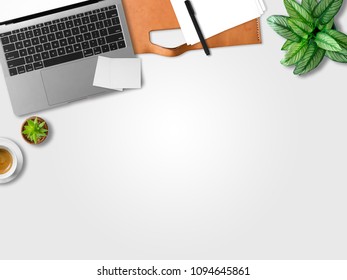 Flat lay of modern laptop workspace office of freelance with coffee waffles and document papers. - Shutterstock ID 1094645861