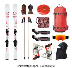 Flat Lay Of Mountain Ski Equipment And Alpine Accessories. Helmet, Boots, Ski Goggles, Etc. Isolated On White Background