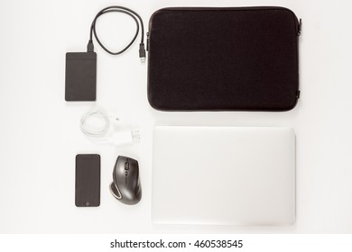 Flat lay notebook smart phone ssd