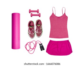 Flat lay on white background of dumbbell, sport t-shirt, jump rope, sneaker, sport equipments, fitness items, top view. - Shutterstock ID 1666076086