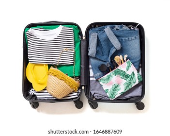 Flat lay with open suitcase with casual clothes for summer vacations over white background. Summer holidays, travel, tourism, flight luggage concept. Top view - Powered by Shutterstock