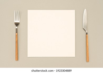 Flat Lay Overhead View Blank Recipe Paper Page With Mockup Text Space, Invitation Card And Cutlery On Neutral Background Menu Recipe Book Food Blog Design With Cooking Ingredient.