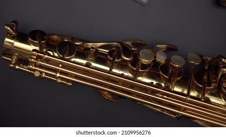 Flat Lay Panning Close Up Saxophone Keys. High Quality Video