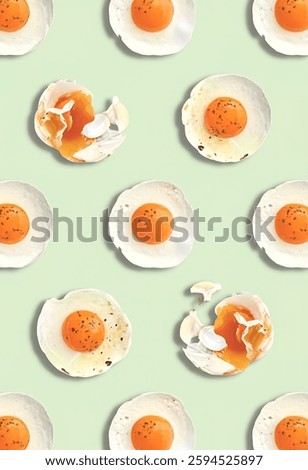 Flat lay pattern with poached eggs on a light mint green