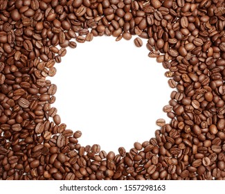 Flat lay photo of coffe beans pile with circular white empty space in the middle - Powered by Shutterstock