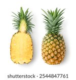 Flat lay of Pineapple with cut in half isolated on white background.