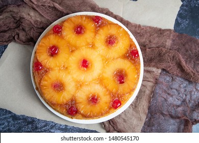 Flat lay of pineapple upside down cake