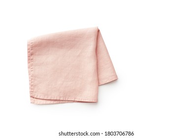 Flat Lay With Pink Linen Kitchen Napkin Isolated On White Background. Folded Cloth For Mockup