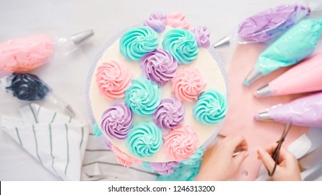 Tips Tops Images Stock Photos Vectors Shutterstock - piping pastel color buttercream rosettes on a white cake to make a unicorn