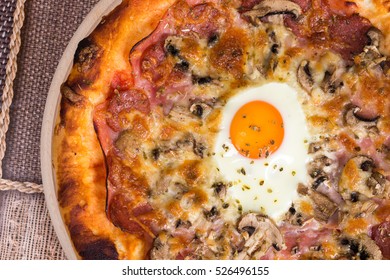 Flat Lay Pizza With Egg Ham Mushrooms