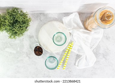 Flat Lay. Pouring Mango Boba Smoothie Into The Drinking Glasses.