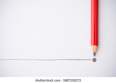 Flat lay of red colour pencil write line and end point on white paper background copy space. Business conclusion, creative idea, imagination and education concept. - Shutterstock ID 1887250273