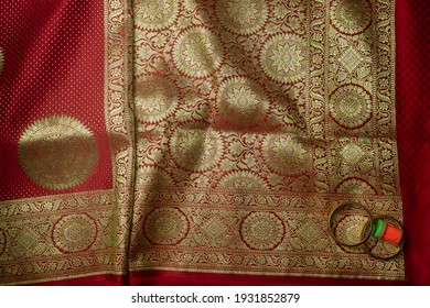 Flat Lay Red Golden Silk Saree