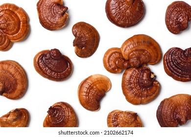 Flat Lay Of Red Reishi Mushroom (Lingzhi) Isolated On White.