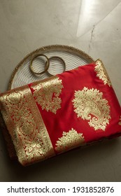 Flat Lay Red Silk Saree