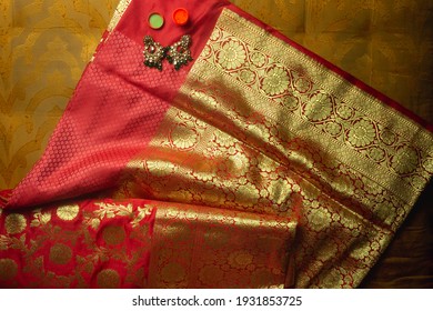 Flat Lay Red Silk Saree Wedding