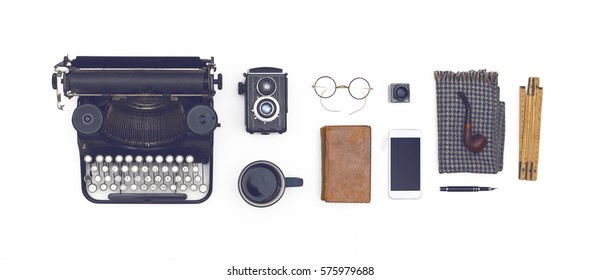 flat lay retro typewriter items