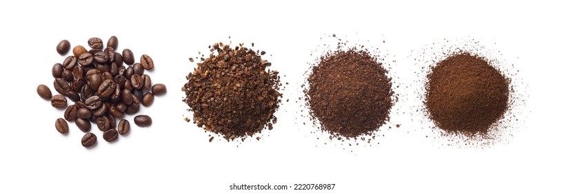Flat lay of Roasted Coffee beans and different types of grinds coffee isolated on white background.