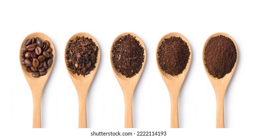 Flat lay of Roasted Coffee beans and different types of grinds coffee in wooden spoon isolated on white background. Clipping path