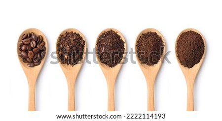 Flat lay of Roasted Coffee beans and different types of grinds coffee in wooden spoon isolated on white background. Clipping path