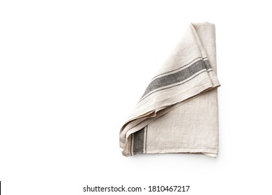 Flat Lay With Rustic Linen Kitchen Napkin Isolated On White Background. Overhead Image Of Folded Cloth For Mockup