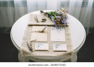 Flat lay of rustic wedding invitations, handcrafted floral details, lavender bouquet and envelope on linen cloth, expressing natural elegance, romance, event planning, attention to detail, craftsmansh
