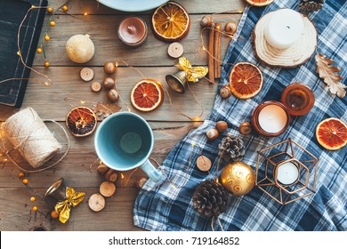 Flat Lay Of Seasonal Home Craft Decor. Coffee Or Tea Break For Home Relax. Winter Or Autumn Concept, Warm Homely Scene.