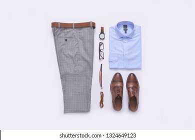 Flat Lay Set Of Classic Men`s Fashion Clothes And Accessories . Top View


