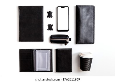 Flat Lay Set Men's Classic Clothing, Jacket Pants Shirt Bow Tie Leather Belt Shoes Wrist Watch Wallet Pens Umbrella Cane Car Keys Isolated Items On White Background Top View. Male Fashion, Business