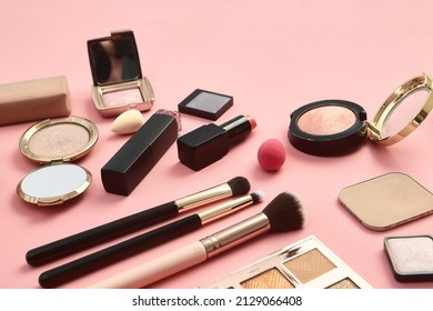 Woman Beauty Makeup Set on White Marble Background Free Stock