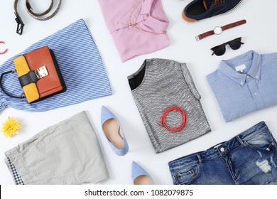 Flat Lay Set Of Stylish Clothes And Accessories On White Background