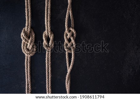 Flat lay set of three nautical knots tied on natural ropes. Ropes are parallel on a dark background