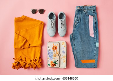 Flat Lay Shot Of Female Autumn Clothing And Accessories