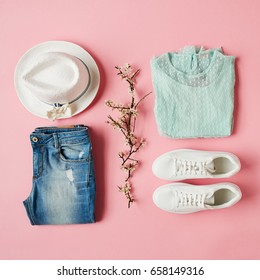 Flat Lay Shot Of Girls Spring Clothing And Accessories